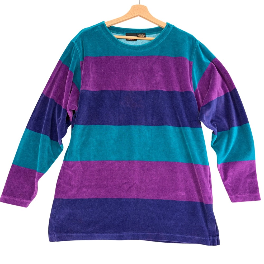 Vintage Lizsport Velour Striped Long Sleeve Top Small 90s Retro Cozy Purple Soft
